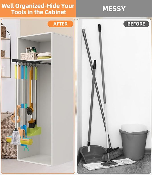 Pull Out Broom Holder With Adjustable Double Row Sliding Hook, Multifunctional Slide Broom And Mop Storage/Organizer Garage Organization Hooks, for Closet Laundry Garage Kitchen - 16.14inch