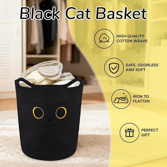 Tall Black Cat Laundry Basket for Nursery, Cute Large Woven Cotton Rope Blanket Storage Basket, Baby 0rganize Blanket Shower Hamper Box with Handles, 53L Clothes Bins, 15"D×18.1"H