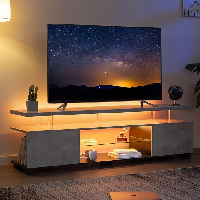 Grey TV Stands for Living Room,Glass TV Stand, LED TV Stand for 75+ inch TV,Entertainment Center for Living Room,Bedroom,Home Office