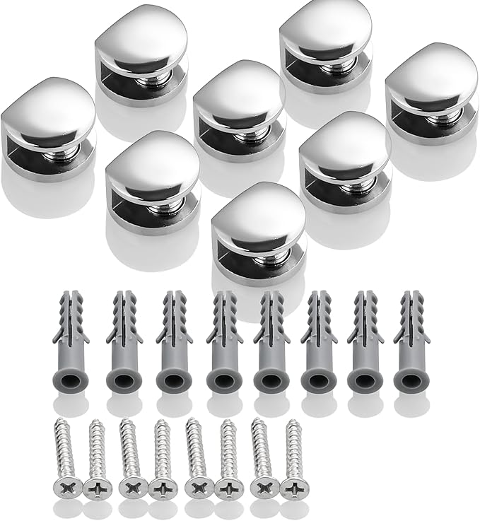 SAYAYO Glass Shelf Brackets Stainless Steel, Adjustable Railing Holder for 5-8 mm Wood/Glass Shelves, Heavy Duty Wall Mount Clamps Clip Support Hardware Replacement Parts Polished Chrome, 8Pcs