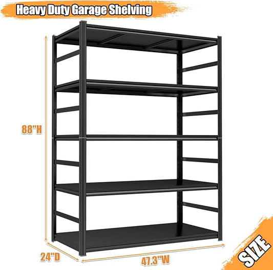 Heavy Duty Metal Garage Shelving Unit, 5 - Tier Adjustable Large Storage Shelves, 3000LBS for Garage & Basement and Pantry Industrial Steel Rack, Ideal for Tool Organization & Storage, Black, 88"H