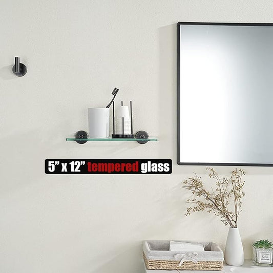 JQK Bathroom Glass Shelf Oil Rubbed Bronze, Tempered Glass Shower Storage 12 by 5 inches, 304 Stainless Steel ORB Wall Mount, TGS101L12-ORB