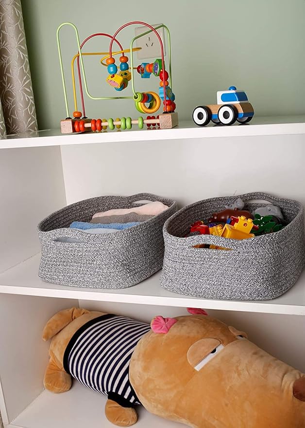 Woven Cotton Rope Storage Basket, Cube Changing Table Organizer for Closet Towels, Baby Nursery Bin, Small Dog Cat Toy Box, Gift Baskets empty (14.5"x 11"x 5") by CIKI HOME