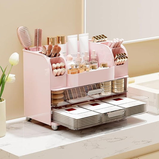 Makeup Organizer for Vanity with 2 Large Drawers, Cosmetic Display Case with Brush Holders, Easy to Storage for Bathroom Countertop Skincare, Perfume, Pink