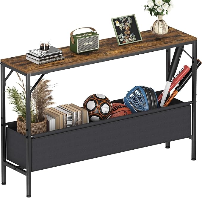 47.2'' Console Table, 9.5" D Entryway Table with Storage Basket, Narrow Sofa Table, Behind Couch Table for Hallway, Foyer, Corridor, Living Room, Rustic Brown