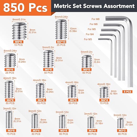 1400 Pcs 26 Size Set Screw Kit Metric&SAE Set Screw Assortment Kit 304 Stainless Steel Head Socket Hex Metric Set Screws Kit Cup-Point Screws (M3-M8, 1/8"-40 to 5/16"-18)