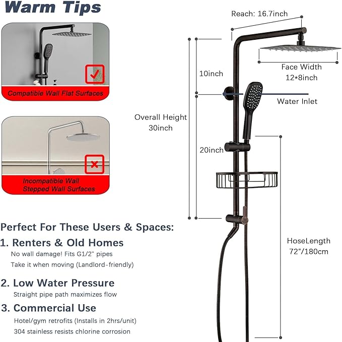 SonTiy 12 Inch Rainfall Shower System with Handheld Spray, High Pressure Rain Shower Head with Jet Spray, Luxury Bathroom Shower Fixtures with Adjustable Slide Bar & Shower Caddy, Oil Rubbed Bronze