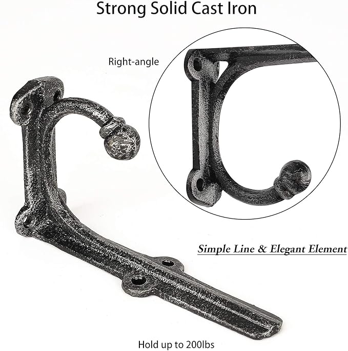 Shelf Brackets with Hooks 6 Inch, Heavy Duty Floating Shelf Bracket, Cast Iron Shelving Brackets for DIY Wall Shelves, Rustic Shelf Brackets, 2 Pack