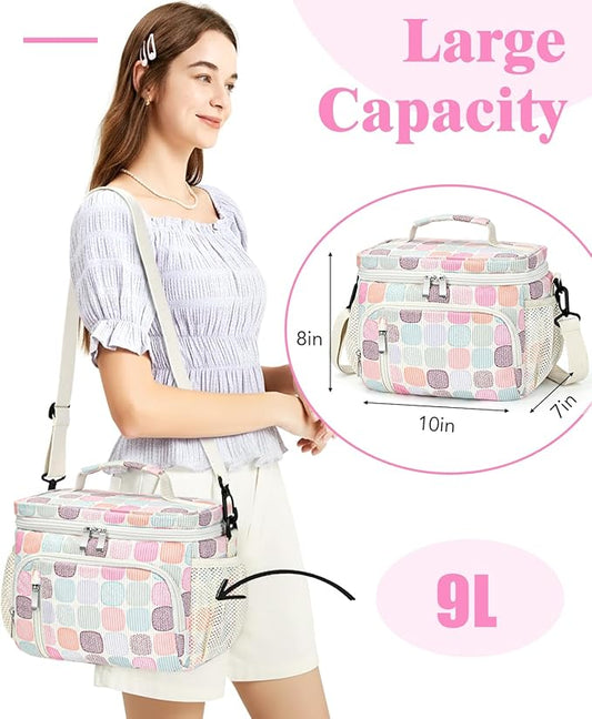 Insulated Lunch Bag for Men & Women, 9L Leakproof Lunch Box Soft Cooler Tote with 5 Pockets, 600D Oxford, EVA Lining, Adjustable Strap for Work, Picnic, Beach&Travel-Corduroy Colorful Plaid