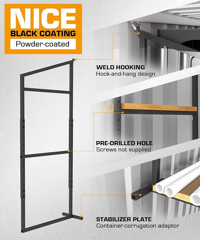 Shipping Container Shelving Rack Steel Container Hanging Shelf Bracket Height Adjustable Fit for 12in 24in Lumber Black Efficient Storage Space No-Drill Installation