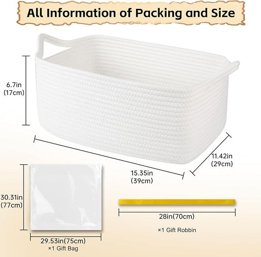 OIAHOMY 19L Woven Basket, Gift Basket Empty with Gift Bags and Ribbons, Rope Baskets for Baby Showers, Storage Baskets with Handles for Nursery, Pet Toy Organizer - White