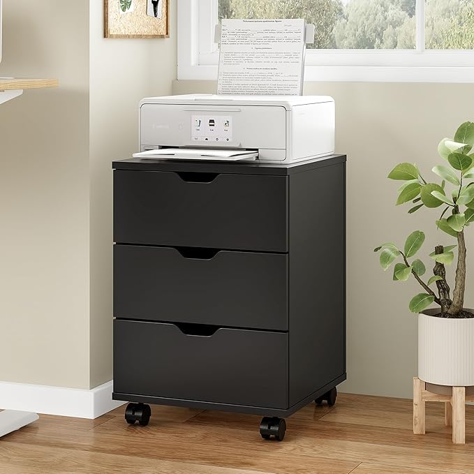 Farini 3-Drawer Under Desk Wooden File Storage Cabinet with Lockable Caster for Home Office,Black,Required Assembly