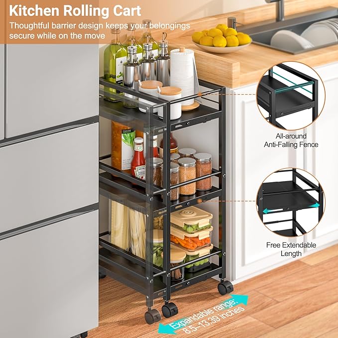 Expandable Slim Storage Cart for Small Spaces, 3-Tier Metal Shelving Unit with Wheels, Heavy-Duty Laundry Room Organization, Adjustable Narrow Storage Cabinet for Bathroom, Laundry Room, Kitchen