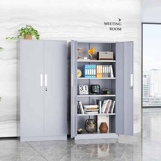 SUNCROWN 72" Metal Storage Cabinet - Heavy-Duty Metal Garage Cabinet with 4 Adjustable Shelves & 2 Doors for Tools, Office, Home, Workshop,Cement Grey-Small