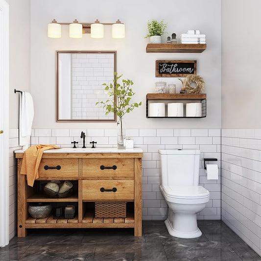 QEEIG Bathroom Shelves Over Toilet - Paper Storage Wall Mounted Farmhouse Decor Decorations Aesthetic Décor Sign Small Floating Shelf 2+1 Set 16 inch, Rustic Brown (020BN)