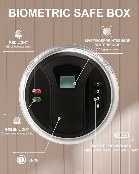 TIGERKING Biometric Fingerprint Home Safe, 1.2 Cubic Feet Digital Security Safe Lock Box, Quick-Access Small Safes for Cash, Jewelry, Document, White