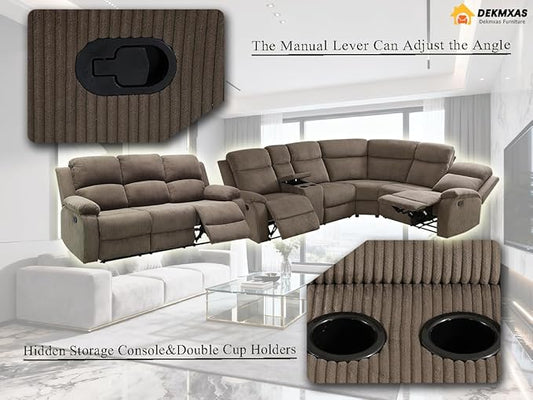 4PCS Living Room Furniture Sets, Brown Reclining Sectional Sofa Set with 4 Recliner Seats, Corduroy Reclining Sofa with Storage Console, Drop-Down Table, Cup Holders for Living Room, Bedroom