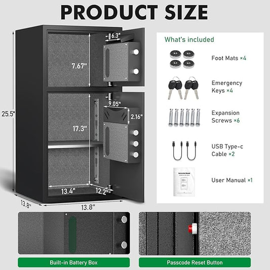 6.0 Cu Ft Large Safe Box Fireproof Waterproof, Money Safe With Mute Function and LED Light,Digital Keypad Home Safes with Deposit Slot & Dual Alarm System, Security Box for Money Valuables