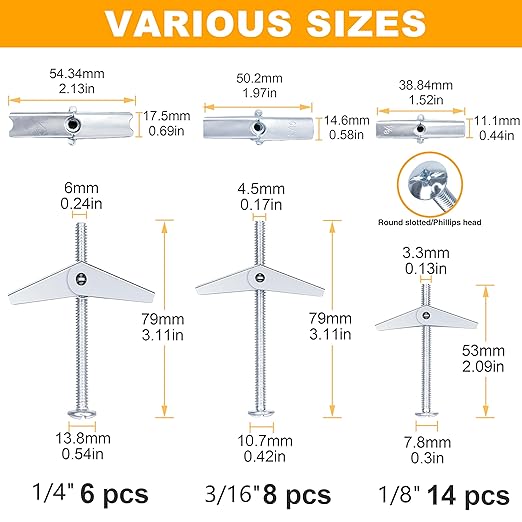 KURUI Heavy Duty Hollow Wall Anchors for Drywall Ceiling, Toggle Bolts and Wing Nut Kit, 28Pcs Metal Drywall Anchors and Screws Assortment Set, 3 Sizes Butterfly Anchors for Hanging 1/8, 3/16, 1/4