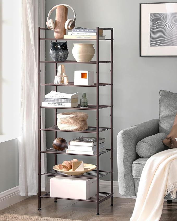 SONGMICS Narrow Shoe Rack - Sturdy 8 Tier Metal Tall Shoe Rack Shelf, Slim Shoe Storage Organizer for Closet Entryway Small Spaces, Bronze, 12"D x 17.6"W x 50.6"H
