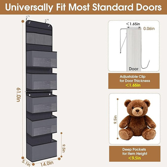 WISELIFE 6-Tier Over The Door Organizer Storage Detachable Design Door Hanging Storage Organizer with Clear Window Behind The Door Storage for Nursery Bedroom Bathroom Pantry Closet Dark Grey