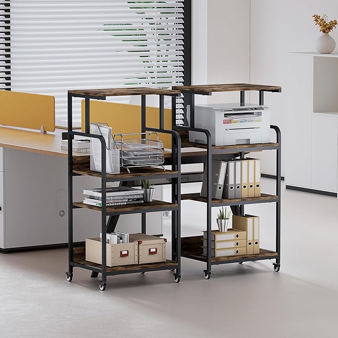 Extra Large Printer Stand with Wheels, 4-Tier Tall Printer Table, Printer and Shredder Stand with Storage Shelf for Home Office (Rustic Brown)