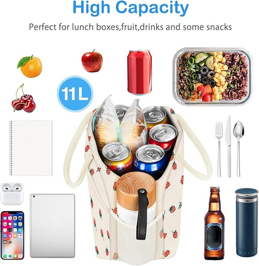 DALINDA Insulated Strawberry Lunch Bag for Women,Cute Corduroy Lunch Tote Bags Lunch Box Water-Resistant Large Capacity Reusable Insulated Cooler for Work Picnic or Travel