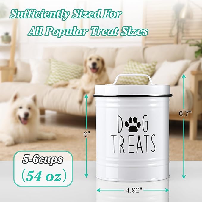 Small Dog Treat Container Airtight - 6" Tall X 4.9" Round White Dog Treat Jar for Kitchen Counter - Rustic Treat Storage Canister for Dogs, Cats, Small Animals - Gifts for Pet Owners