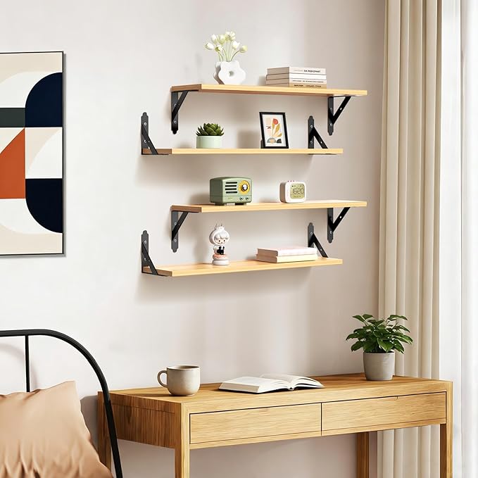 Wood Floating Shelves Set of 4, Rustic Storage Decor Wall Shelves, Wall Mounted Shelf for Living Room, Bedroom 23.6" x 6", Natural