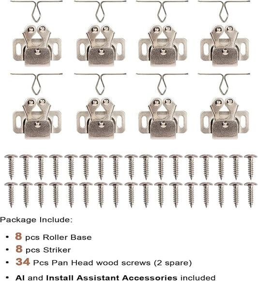 8 PCS Cabinet Latch Double Roller Catch Hardware for Cupboard Closet Cabinet Door Latches and Catches, Nickel