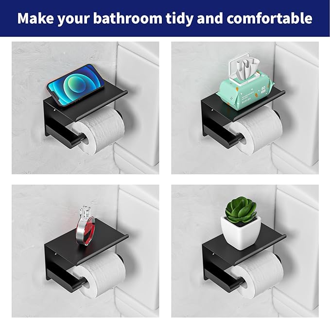 Matte Black Toilet Paper Holder with Shelf, Fits Mega Rolls, Rustproof Stainless Steel, Self Adhesive Wall Mount Toilet Paper Roll Holder, for Bathroom, Washroom, Kitchen, RV
