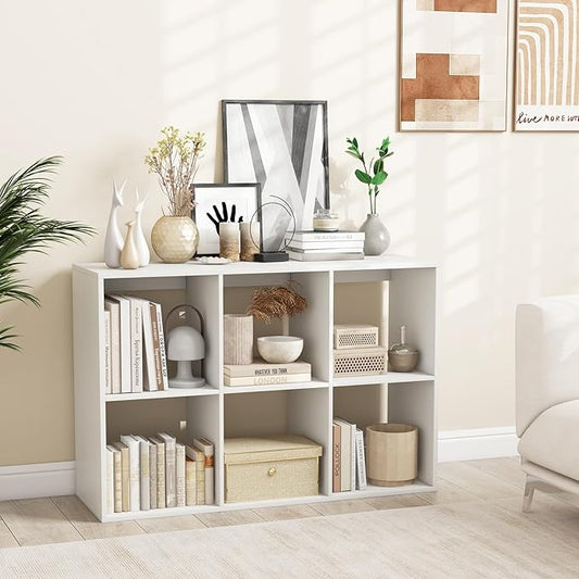 Giantex 6-Cube Bookcase, White Cubby Bookshelf w/Back Guardrail & Anti-Tipping Kits, 9-Tier Freestanding Storage Organizer with Shelves, Open Back Display Rack for Living Room, Bedroom, Study