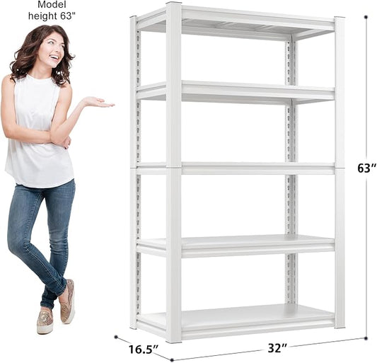 Raybee Garage Shelving, 2000LBS Storage Shelves, White Metal Shelves, 5 Tier Adjustable Heavy Duty Shelving for Pantry Kitchen Closet Basement Warehouse 16.5" D x 32" W x 63" H