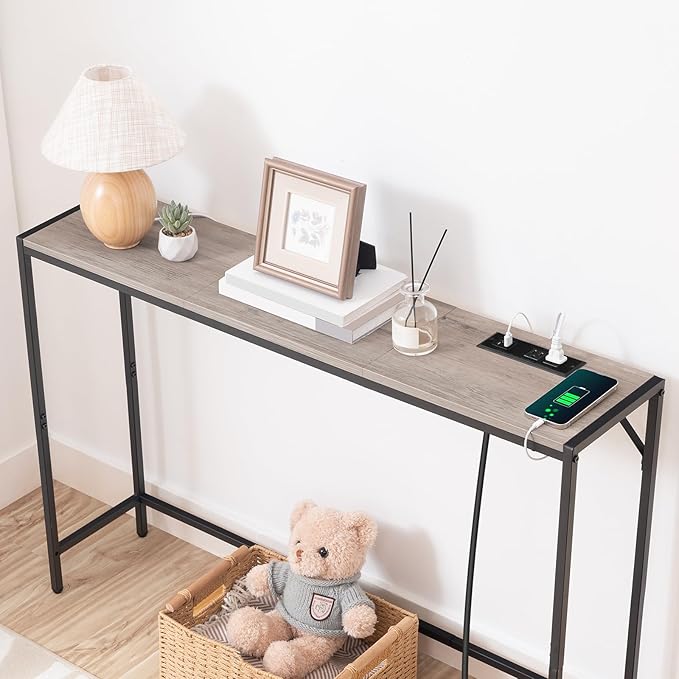 Console Table, Narrow Sofa Table, 43.3” Entrance Table with Power Station, Behind Couch Table, Simple Style, for Living Room, Hallway, Entryway, Foyer, Greige and Black CTHG112E01