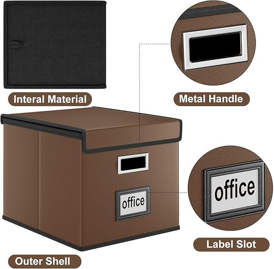 Huolewa File Organizer Box with Lid, Collapsible Leather File Folder Organizer for Office Document Storage, Filing Box with Plastic Slide for Letter/Legal Size Hanging Files, Dark Brown, 4 pack