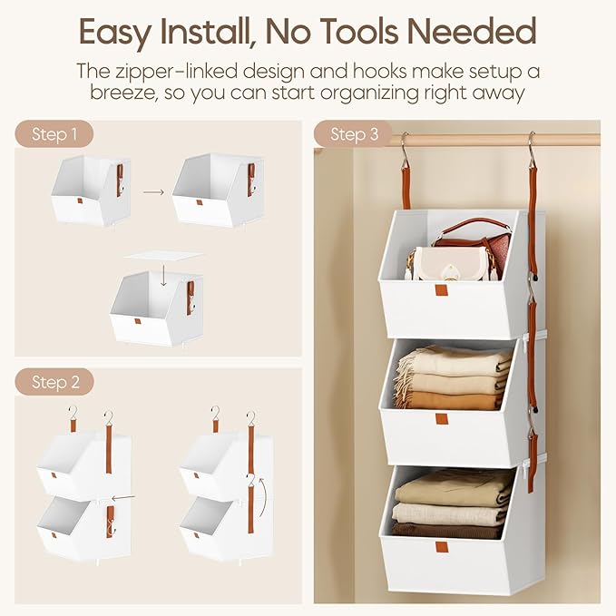 Collapsible Hanging Closet Organizer - 3 Tier Closet Shelves Storage System with Hooks, Fabric Hanging Storage Bins for Clothes, Foldable Storage Basket for Laundry, Bedroom, Rv, White