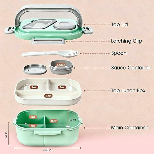 Bento Box Set with Lunch Bag, Lunch Containers for Women&Men&Kids. Leakproof 3-Compartment and 2-Tier Stackable Container with Portable Sauce Pod, Microwave/Dishwasher Safe, BPA-Free (Green)