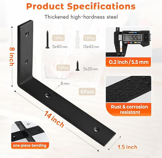 WINKER Shelf Bracket 6 Pack 14" Lx8 Hx1.5 W 5mm Thick Heavy Duty Black 14 Inch Metal Iron L Brackets for Wall Shelves