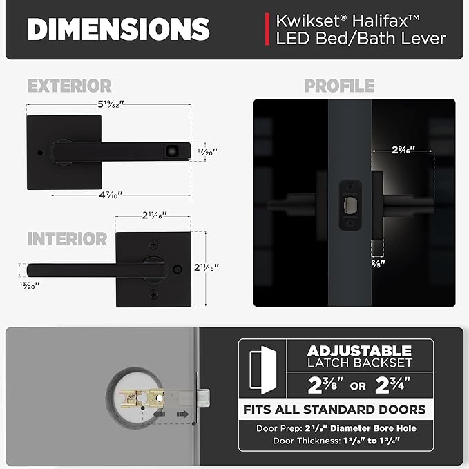 Kwikset Halifax LED Motion Activated Light Up Privacy Door Lever for Bathroom and Bedroom, Matte Black, Reversible Keyless Push Button Lock Door Lever, with Microban Protection