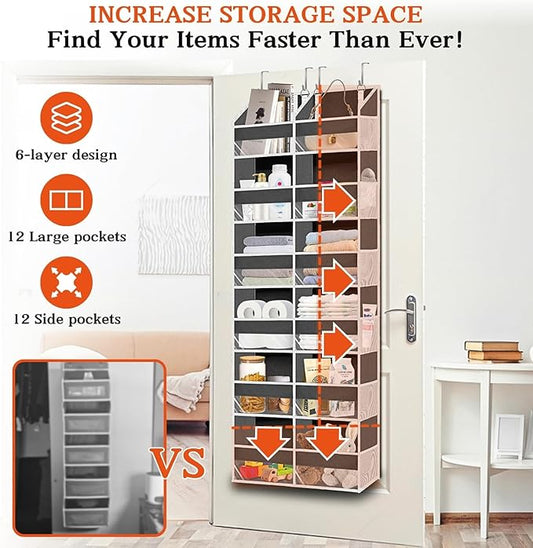 2 Pack Over The Door Organizer 6 Tiers, Extra Large Behind Door Storage of 12 Compartments, 80 lbs Weight Capacity Hanging Storage Organizer with Clear Window Kids Toys,Shoes (6 Tiers - Grey)
