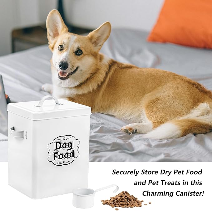 Youeon 5-7 Lbs(25 Cup) Metal Dog Food Storage Container with Lid and Scoop, Airtight Dog Treat Container, Farmhouse Pet Food Storage Container, Cute Dog Food Canister, Gift for Dogs and Owners, White