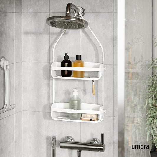Umbra Flex Hanging Shower Caddy with 2 Shelves, Bathtub Shelf and Bathroom Organizer, White