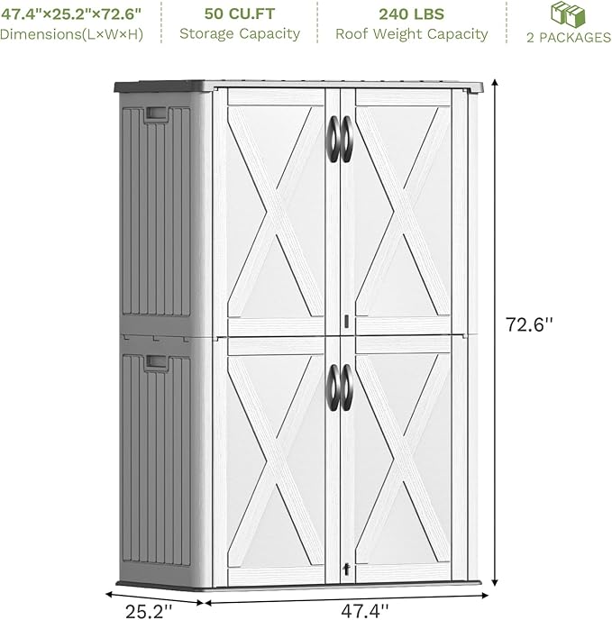 Patiowell 50 Cu.ft Outdoor Storage Cabinet with Lockable Door, Waterproof Horizontal Storage Shed for Tools and Patio Furniture, All-Weather Resin Shed Easy Assemble for Pool or Backyards, White
