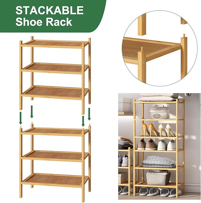 6-Tier Small Bamboo Shoe Rack for Entryway, Stackable | Foldable | Natural, Shoe Organizer for Hallway Closet, Free Standing Shoe Racks for Indoor Outdoor