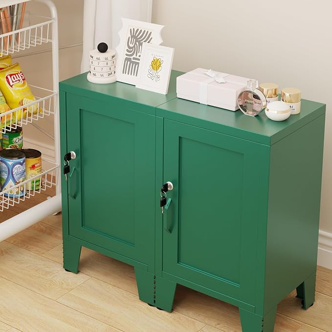 ALBAD Metal Nightstand with Lockable Cabinet, Compact Mini Locker Bedside Table for Kids & Adults, Modern Steel Side Table for Bedroom, Dorm, or Living Room (Green)