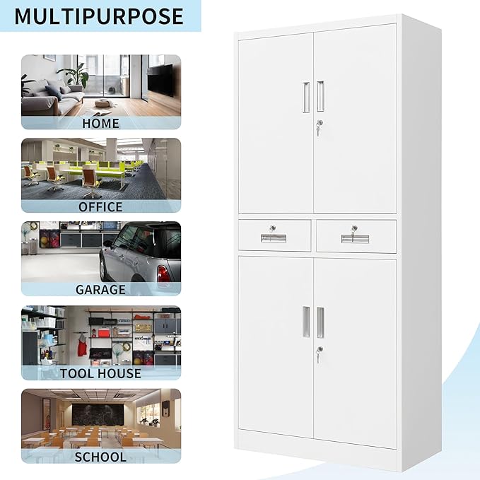 CMY Metal Storage Cabinet, 71" H x 32" W x 16" D Locking Cabinet with Adjustable Shelves and 2 Drawers, Steel Storage Cabinet for Office, Garage, Home, School, Utility Room-White