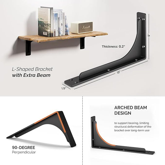 BATODA 12" x 6" L Bracket with Beam - Shelf Brackets Black 300 Lbs Capacity - Heavy Duty Shelving Brackets for Floating Shelves - Wall Mounted Support for DIY – Mounting Hardware Included (Pack 4)