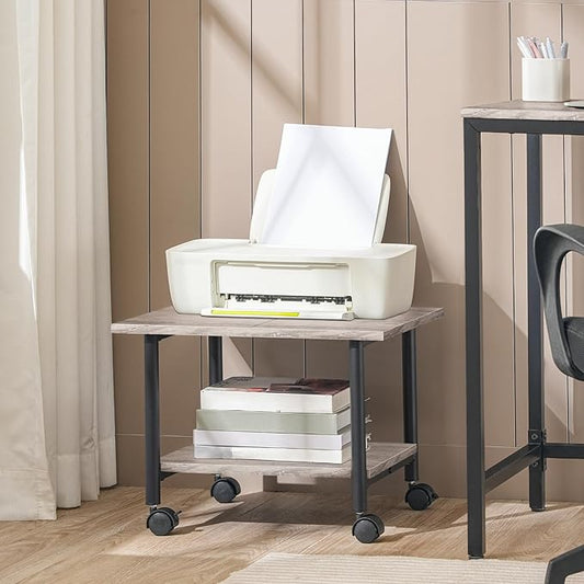 HOOBRO Printer Stand, 2-Tier Industrial Under Desk Printer Cart with Shelf, Mobile Heavy Duty Storage Rack on Wheels for Home, Office, Grey and Black BG02PS01G1