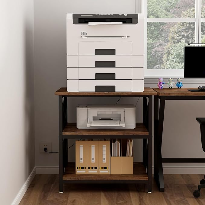 Large Printer Stand with Power Outlet, with Height Adjustable Storage Shelf, 3 Tier Rolling Printer Cart with Industrial Wheels, 23.6 x 23.6 Inches Printer Table for Home Office, Rustic Brown
