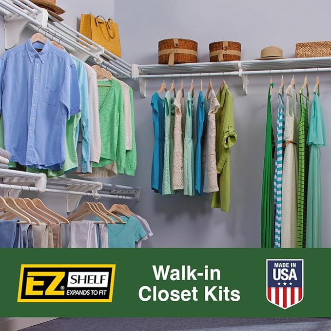 EZ Shelf-Expandable-Closet Shelf (NO Hanging Rod)- 19.5” to 29” -White-Easy Install to Backwall(Floating)-Wire Closet Shelving Alternative-(EZS-SW27-1-2)